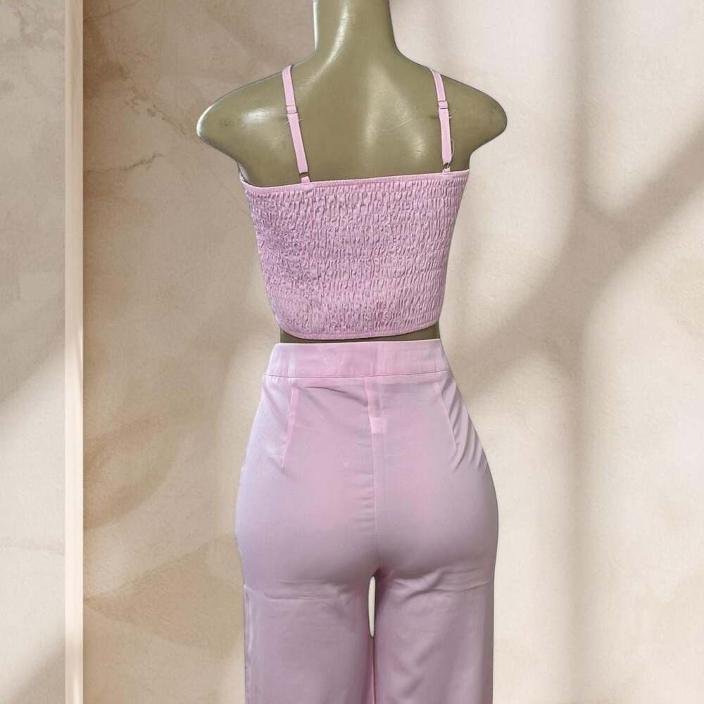 Pink Two Piece Set β Crop Top & High Waisted Pants Soft Girl Chic Outfit β§ L - Picture 3 of 4